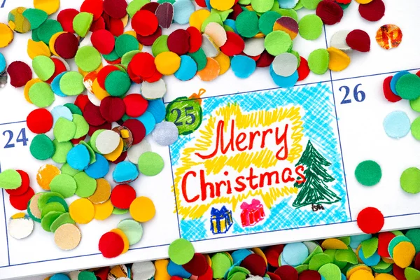 Reminder Merry Christmas in calendar with confetti — Stockfoto