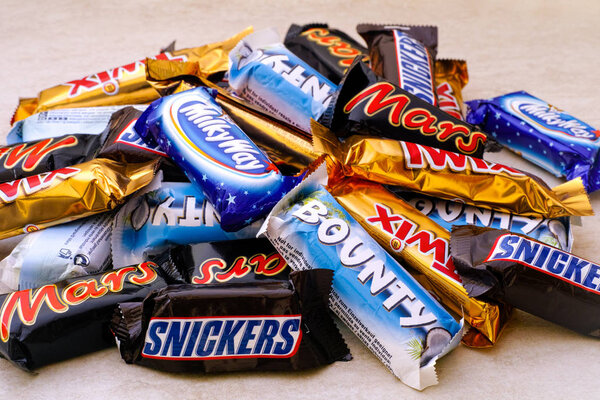 Heap of Mars, Snickers, Milky Way, Bounty and Twix chocolate can