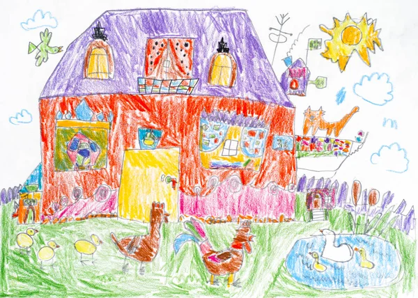 Desenho a lápis infantil. Casa e quintal — Fotografia de Stock