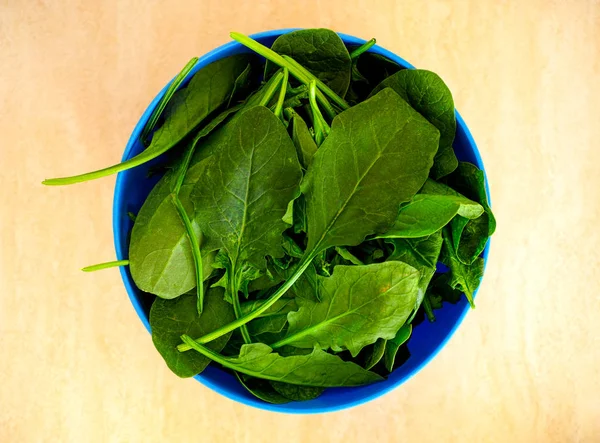 Свежие листья шпината в голубой миске — стоковое фото
