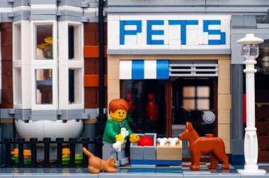 Lego man with bone standing outside pets shop with dog and cat clipart