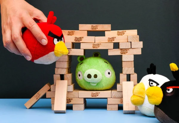 Mujer mano con Red Angry Bird ataca Bad Piggy sentado dentro — Foto de Stock