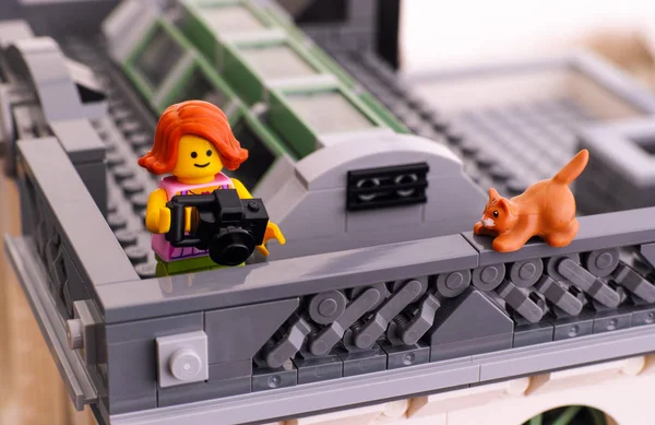 LEGO girl med kameran tar foto på tak — Stockfoto