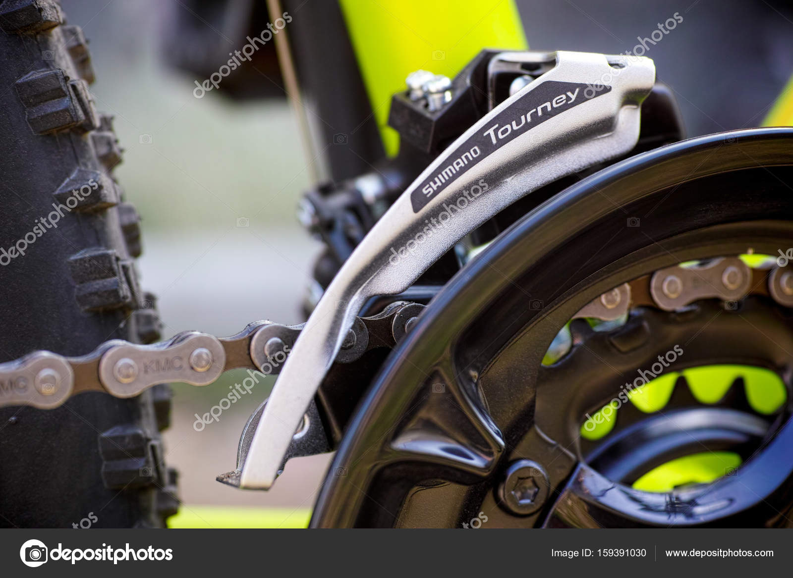 Close up of Shimano Tourney front derailleur on bicycle chainwhe