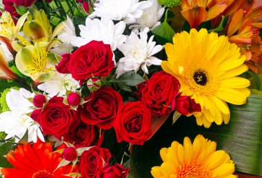 Buket kırmızı gül, Kasımpatı, gerbera