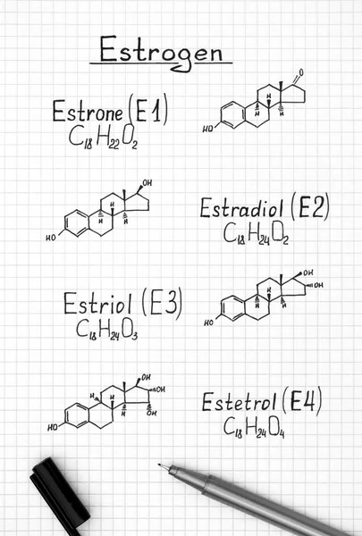Östrojen kimyasal formüller kalem ile — Stok fotoğraf