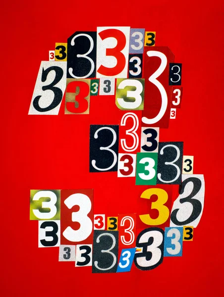 Nummer drie gemaakt van getallen knipsel uit tijdschriften — Stockfoto