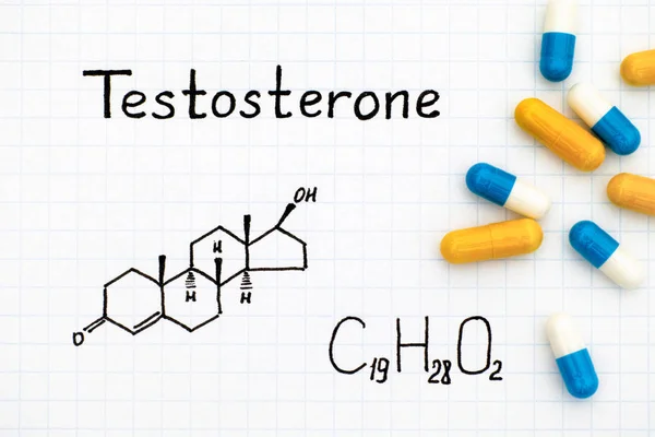 Chemical formula of Testosterone with pills.