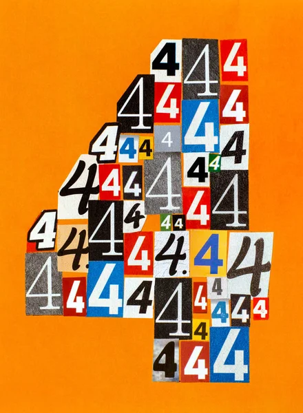 Number Four made from numbers cutting from magazines on orange b — Stock Photo, Image