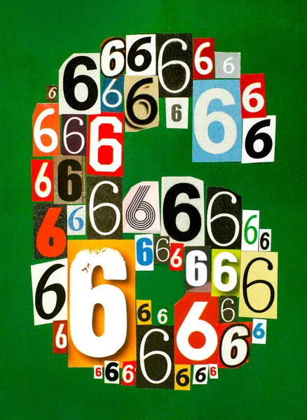 Number Six made from numbers cutting from magazines on green bac — Stock Photo, Image