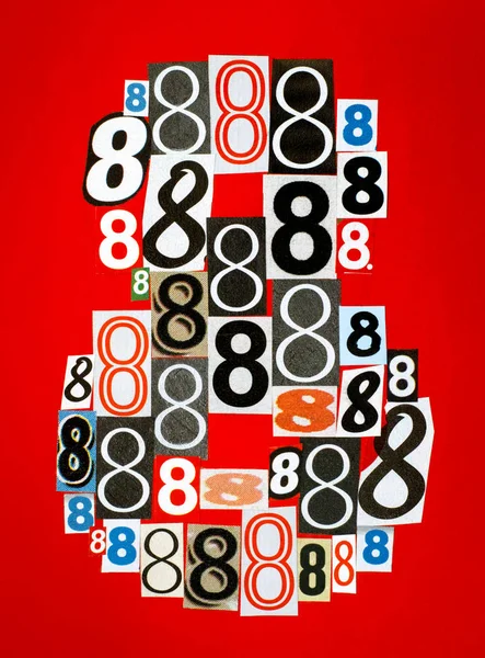 Number Eight made from numbers cutting from magazines on red bac — Stock Photo, Image