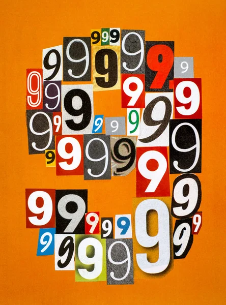 Номер 9, сделанный из цифр, вырезанных из журналов на оранжевом b — стоковое фото