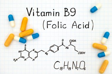 Kimyasal formülü Vitamin B9 (folik asit) hap ile. 