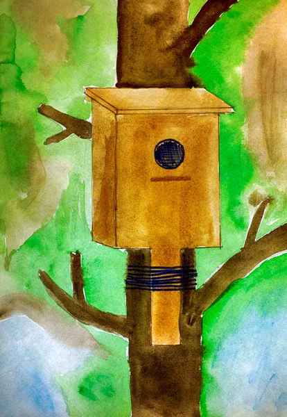 Birdhouse. Dłoń akwarela dziecko rysunek. — Zdjęcie stockowe