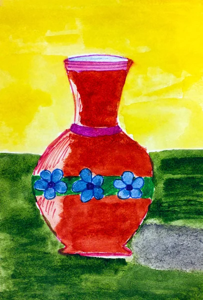 Rote Vase vorhanden. Kinder-Aquarell-Handzeichnung. — Stockfoto