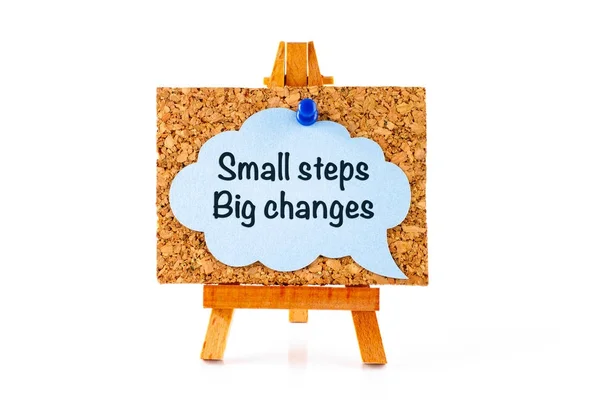 Wooden easel with corkboard and blue speech bubble with phrase S — Stock Photo, Image