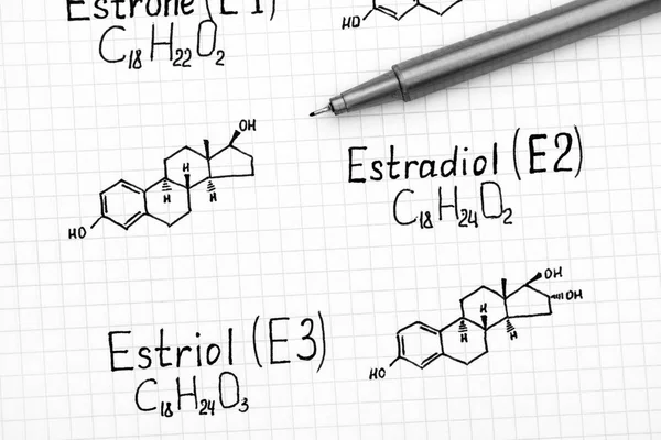 Wzory chemiczne naturalnie występujących estrogeny - estronu (E1 — Zdjęcie stockowe