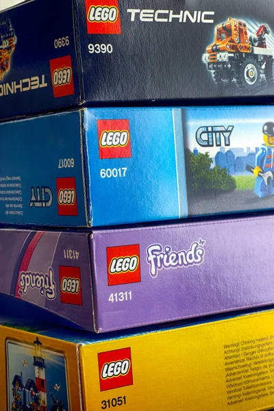 Four Lego boxes in stack — Stock Photo, Image