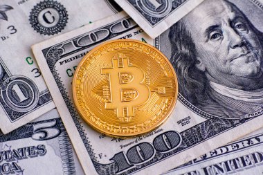 Dolar faturaları zemin üzerine altın bitcoin.