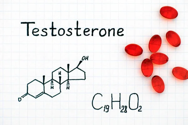 Chemical formula of Testosterone with red pills.