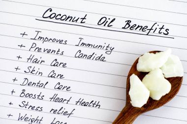 List of Coconut Oil Benefits with wooden spoon with coconut oil. clipart