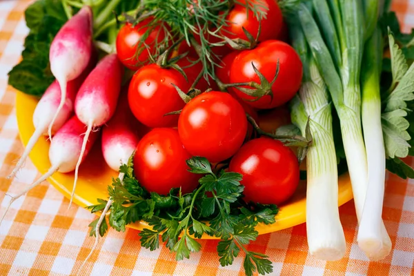 Assiette jaune aux tomates cerises, radis, persil et oni vert — Photo