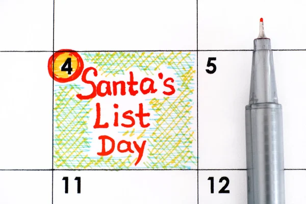 Herinnering Santas Lijst Dag in kalender met pen. — Stockfoto