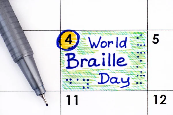 Recordatorio Día Mundial del Braille en calendario con pluma . —  Fotos de Stock