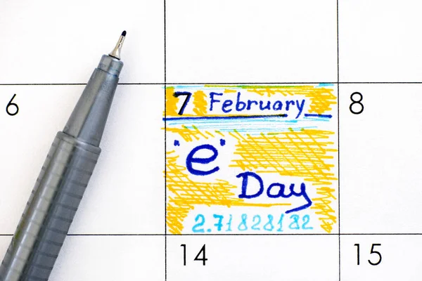 Reminder E Day in calendar with pen. E Day is celebrated on Febr — Stock Photo, Image