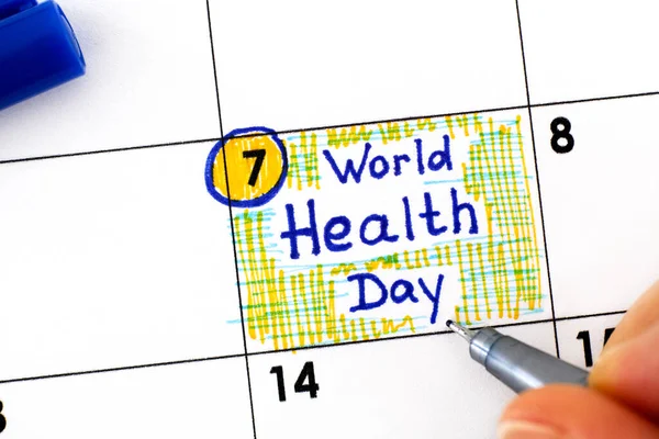 Dedos Mulher Com Caneta Escrevendo Lembrete Dia Mundial Saúde Calendário — Fotografia de Stock