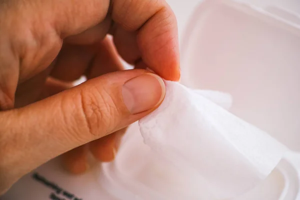 Woman Hand Taking Wet Wipe Package Close — Stock Photo, Image