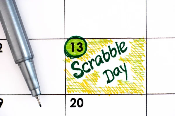 Υπενθύμιση Scrabble Day Στο Ημερολόγιο Στυλό Απριλίου — Φωτογραφία Αρχείου