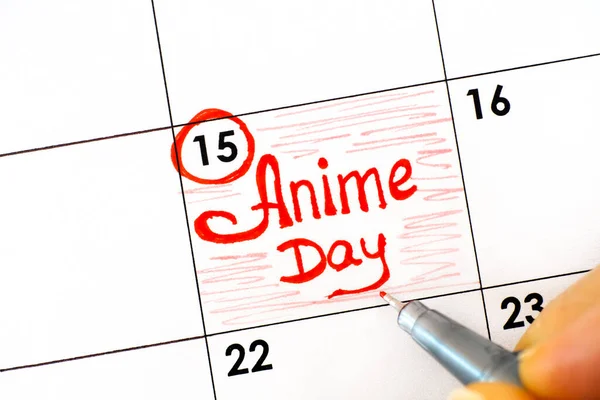 Vrouw Vingers Met Pen Schrijven Herinnering Anime Dag Kalender April — Stockfoto