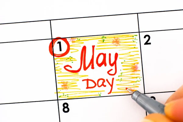 Woman Fingers Pen Writing Reminder May Day Calendar May — Stock Photo, Image