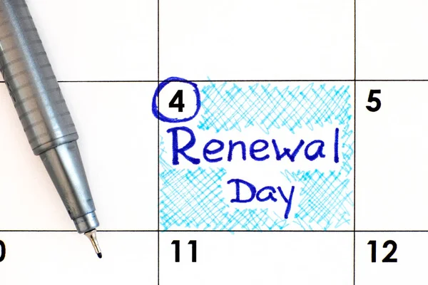 Reminder Renewal Day in calendar with pen. May 04.