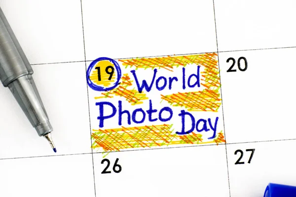 Lembrete Dia Mundial Foto Calendário Com Caneta Agosto — Fotografia de Stock