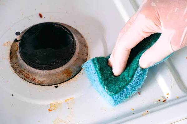 Woman Hand Glove Sponge Cleaning Dirty Gas Stove Close — Stock Photo, Image