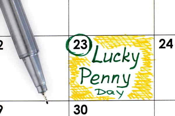 Υπενθύμιση Lucky Penny Day Στο Ημερολόγιο Στυλό Μαΐου — Φωτογραφία Αρχείου