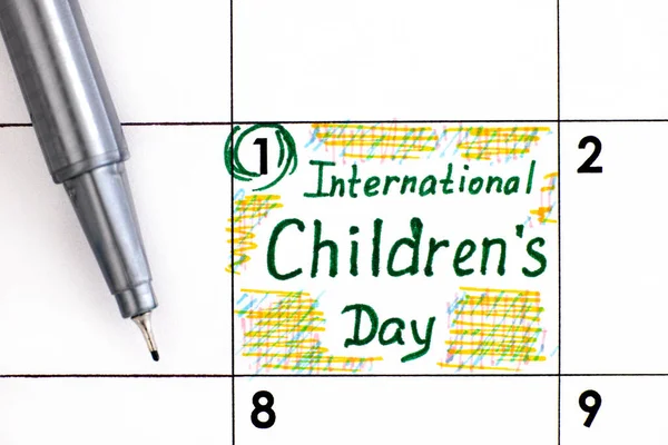 Υπενθύμιση Διεθνής Ημέρα Των Παιδιών Στο Ημερολόγιο Στυλό Ιουνίου — Φωτογραφία Αρχείου