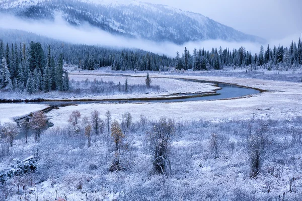 Första hösten snö och floden i bergen — Stockfoto