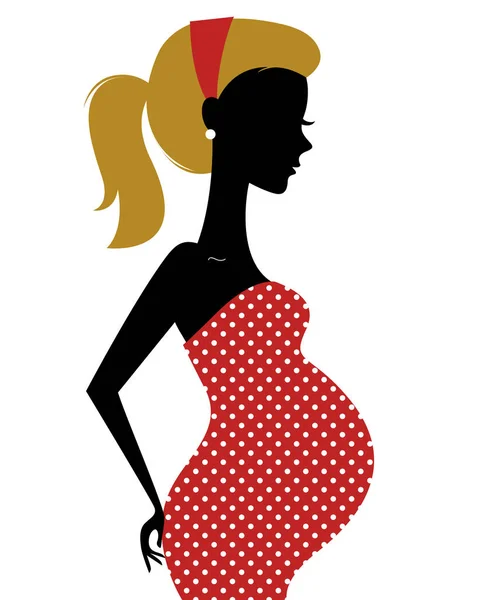 Retro pregnant woman in dotted dress isolated on white — Stock Photo, Image