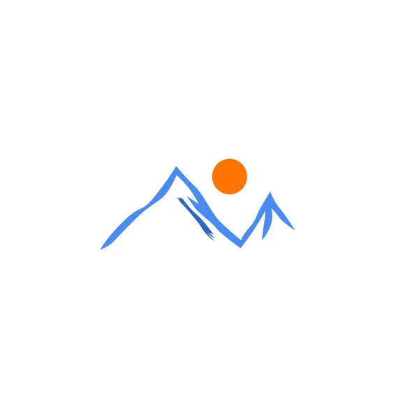 Blue Vintage Mountains Drawing Orange Sun - Stok Vektor