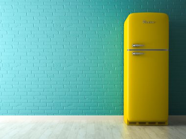 Interior with yellow fridge 3D rendering clipart