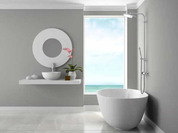 Interior do banheiro com vista mar 3D renderização — Fotografia de Stock