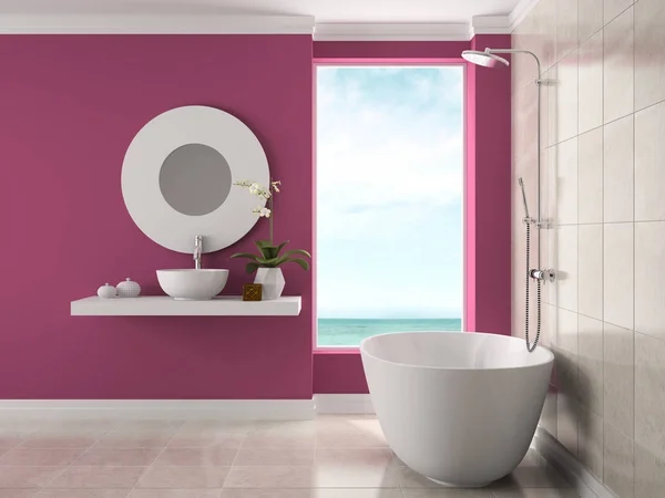 Interno del bagno con vista mare rendering 3D — Foto Stock