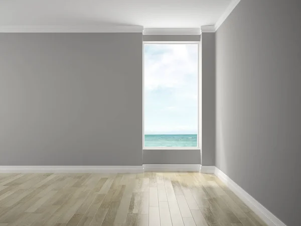 Wnętrze z pustym pokoju z widokiem na morze renderowania 3d — Zdjęcie stockowe