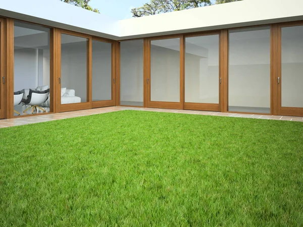 Jarda com gramado 3D renderização — Fotografia de Stock