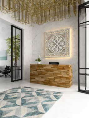 Bir otel spa Resepsiyon 3d illüstrasyon iç