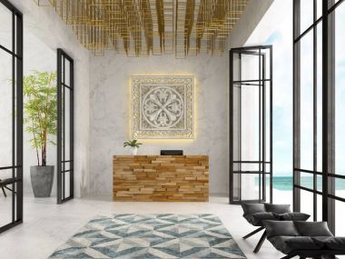 Bir otel spa Resepsiyon 3d illüstrasyon iç