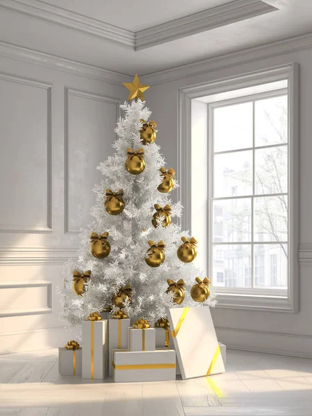 Interior with christmas tree and gift boxes 3d illustration — Stock Photo, Image